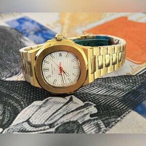 Men’s Luxury Steel Automatic Watch Gold White Dial Nautilus Style 41mm